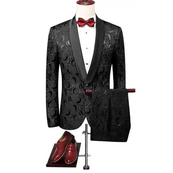 2 kom. za muškarce Cvjetni Print Slim Fit odijelo Muški Šal Kragnom Odijelo Crno Vjenčanje Casual odijelo muško smoking odijelo M-5XL Večernje Gradacija Kostimi