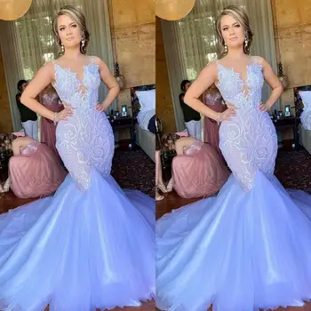 2020 Svijetlo Ljubičaste Haljine Sheer O Vrat Lace Appliqued Sirena Prom Dress Custom Made Official Party Dresses