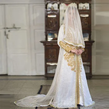 2021 Elegantan Bijeli Marokanski Kaftan Čipkan Vjenčanicu Luksuzna Beadwork S Dugim Rukavima Muslimansko Саудовское Arabic Vjenčanica