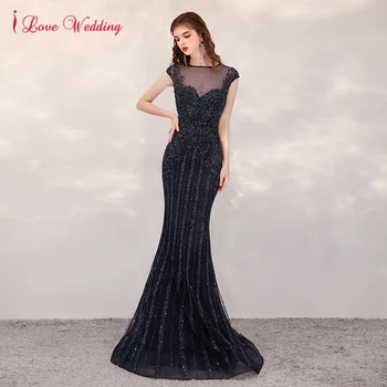 2021 Luksuzne Tamno Plave Prozirne Vrat Sirena Večernje Haljine za Žene Perle Crystal Šljokice Duge Seksi Formalne Vjenčanica