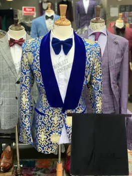 2021 Moderan Dizajn Odijelo Homme Kraljevski Plava Zlatni Cvijet Muških Odijela Za Vjenčanje Smoking Mladoženja Terno Masculino Slim Fit Blazer 2 Kom.