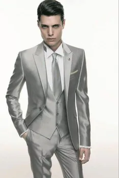 2022 Srebrno-Siva Satiny vjenčanje Muško Odijelo Formalni Mršavi Elegantan Muški Blazer Večernje Prilagođene Smoking 3 Kom Vestidos Muška Odijela