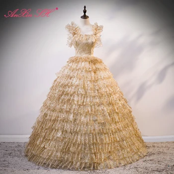 AnXin SH vintage princess golden lace sweetheart bride ball dress party stage host fringed dress ruffles lace up evening dress