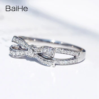 BAIHE Solid 14K White Gold 0.20 ct H/SI Round Natural Diamonds Wedding Women Trendy Fine Jewelry Beautiful bow diamond Gift Ring