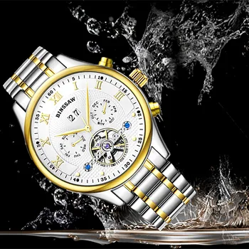 BINSSAW Luxe Merk Tourbillon Muške Mechanische Sport Horloges Fashion Business Mannen Automatische Rvs Polshorloge relojes