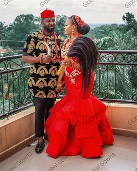 Crvena Aso Ebi Afrički S Ramena Tradicionalne Večernje Haljine Duge Luksuzni 2021 Perle I Perje Večernjih Haljina Za Žene Elegantan