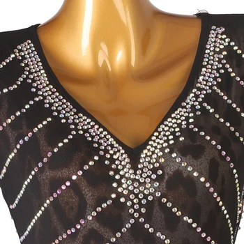 High-end Custom Latin Dance Woman Seksi Diamond V-neck, Leopard Print Chacha Tango Ples Costume Odrasla Profesionalni Odijelo