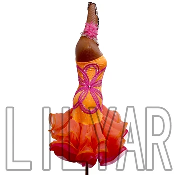 Individualne nove kostime za latinoameričke plesove natječaj odijelo haljina za odrasle djevojčice dječji kostim narančasta veliki cvijet рыбья kost suknja haljina