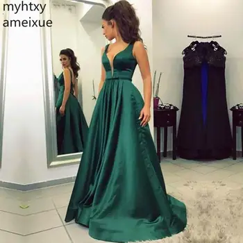 Lime Green Sexy Long Plus Size Prom Dresses 2021 V-neck, Dužine do poda s otvorenim leđima Sleevelss Satin Evening Dress Dress Elegant