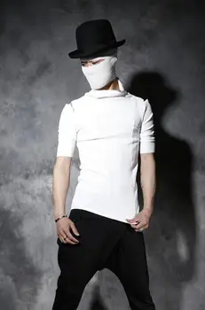 Ljetna majica kratkih rukava muške muška osobnost stand ovratnik bez naramenica 1 tanka majica muška camisa masculina crno bijeli korejski