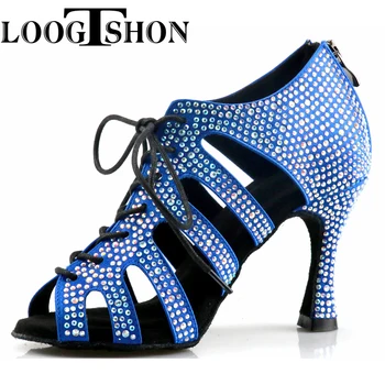 Loogtshon / plava cipele za ballroom ples sa štrasom; ženske cipele za ples salse; ženska Profesionalna cipele za tango i latinoameričkih plesova; stilski cipele na visoku petu
