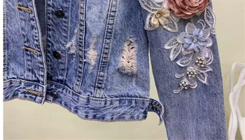 Moda Perle Crtani Mačka Traper Setove Ženske Jeans Jakna Olovka Hlače Komplet Od Dva Predmeta Ženska Vez Cvijeće Rupe Traper Odijelo