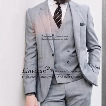 Modni Siva Muška Odijela Fromal Business Slim Fit Blazer Vjenčanje Smoking Mladoženja Setove od 3 predmeta Terno Masculino ( jakna+hlače+Prsluk).
