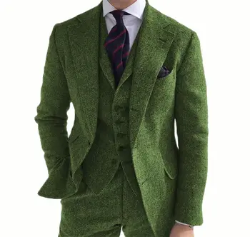 Novi Zeleni Tweed riblja Kost Poslovnih Odijela Večernja Odijela Retro Klasični Tuxedos Za Vjenčanje Muška Odijela 3 kom.(jakna+prsluk+Hlače)