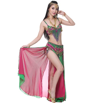 Odrasla Dama žene Trbušni Ples Suknja Indijski dual boje 3 kom. (grudnjak+struk krug+suknja) Za Trbušni Ples Seksi Ples Trbuha Skup