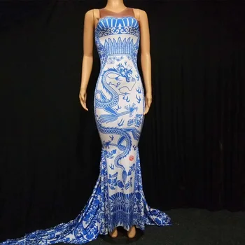 Plava Klasični Print Duge Haljine S Vlakom Kineski Stil Odijevanje Ženski Kostim na Dan Rođenja Večer Kazališni Kostim
