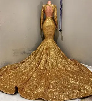 Prekrasna Rukava Zlatne Šljokice Afrički Haljinu Za Prom 2021 Crystal V-izrez Sirena Duga Formalno Večernja Haljina Vestidos Robe De Soiree