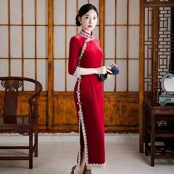 Proljeće I Jesen Cvjetne Čipke Završiti Ovratnik Satna Sedam Bodova Rukava Velur Dug Cheongsam Elegantan Tradicionalni Kineski Stil Ženski Qipao