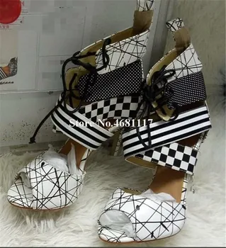 Sandale Gladijatori čipka-up S Otvorenim Vrhom Parhet Kožne Sandale Na Visoku Petu cipele Marke Dizajn Ženska Moda