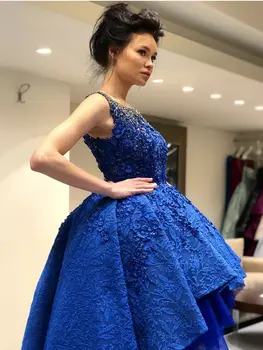 Suadi Arapski Kraljevski Plave Čipke Visoke Niske Haljina Za Prom 2019 Predivna 3D Cvjetni Beaded Haljina Za Prom Modni Večernje Haljine Vestidos Longo