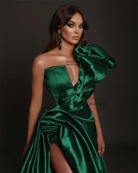 Ukusan Zeleni Elegantne Saten Haljina Za Prom Jedno Rame Ručni Rad Cvijet Formalne Večernje Haljine Duge Visoke Split Robe De Soiree