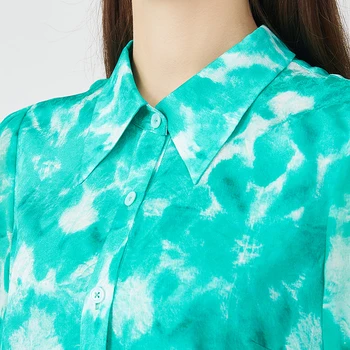 VOA Holiday Green Bohemia Print Silk Women ' s Shirt Single-breasted Polo-Neck Long Sleeve Blouse Casual Ladies Fashion Tops BE852