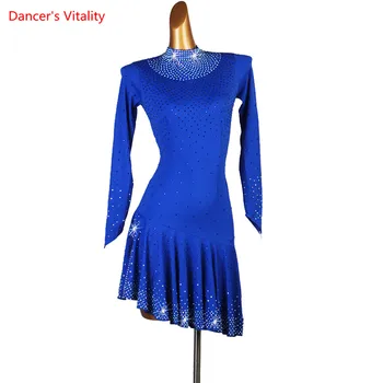 Žene Latinskoameričkih Plesova Haljina Prilagoditi Veličinu Gorski Kristal S Dugim rukavima Plava ljubičasta Scenski Spektakl Profesionalni Odijelo Salse