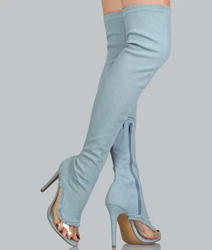 Ženska Moda Vanjski Čarapa Jasan Dizajn Iznad Koljena Traper Čizme Izrezati Duga Plava Tanka Peta Jean Čizme Gladijatori Čizme